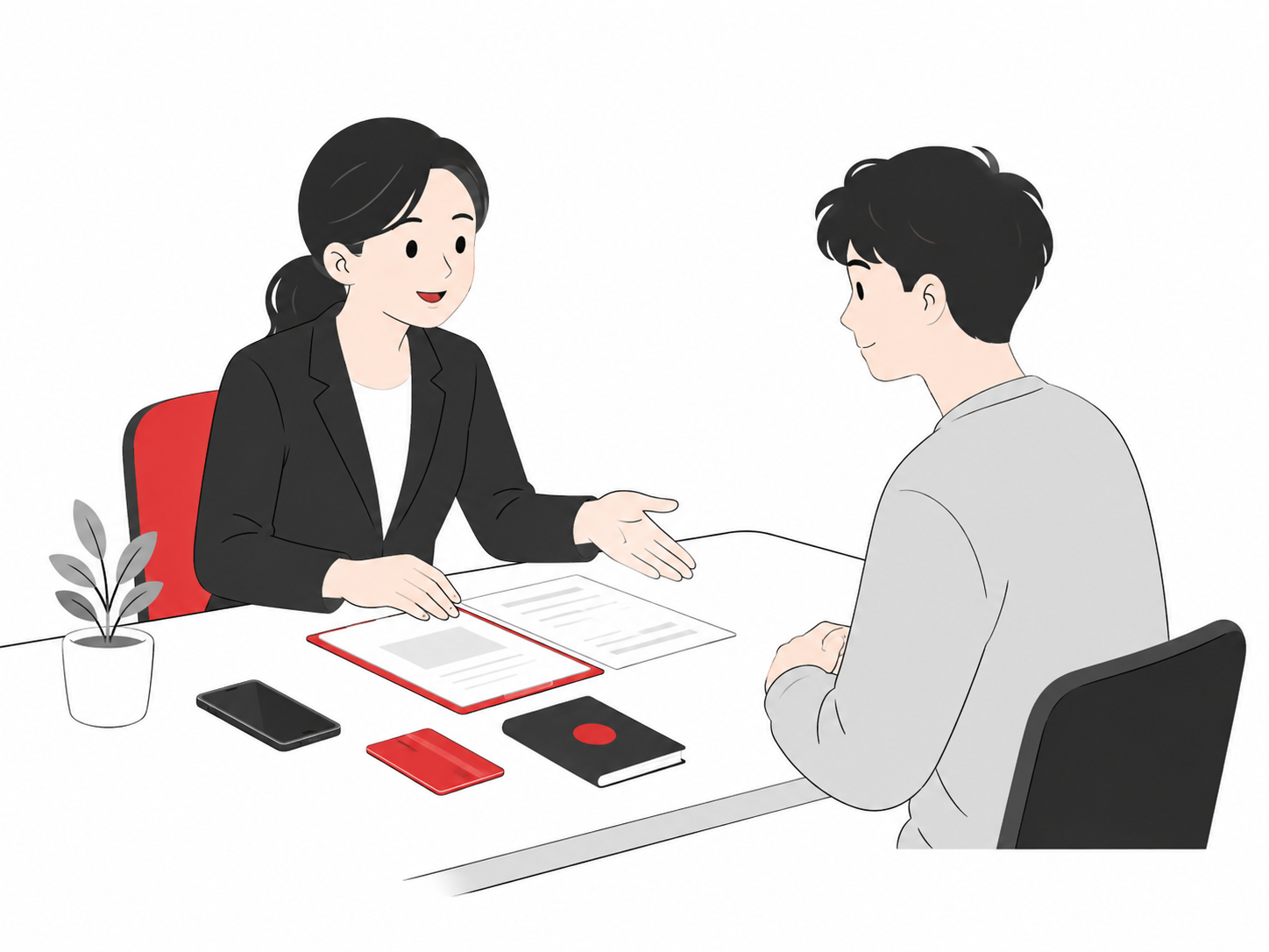 職員が学生に生活手続きの書類を案内している様子